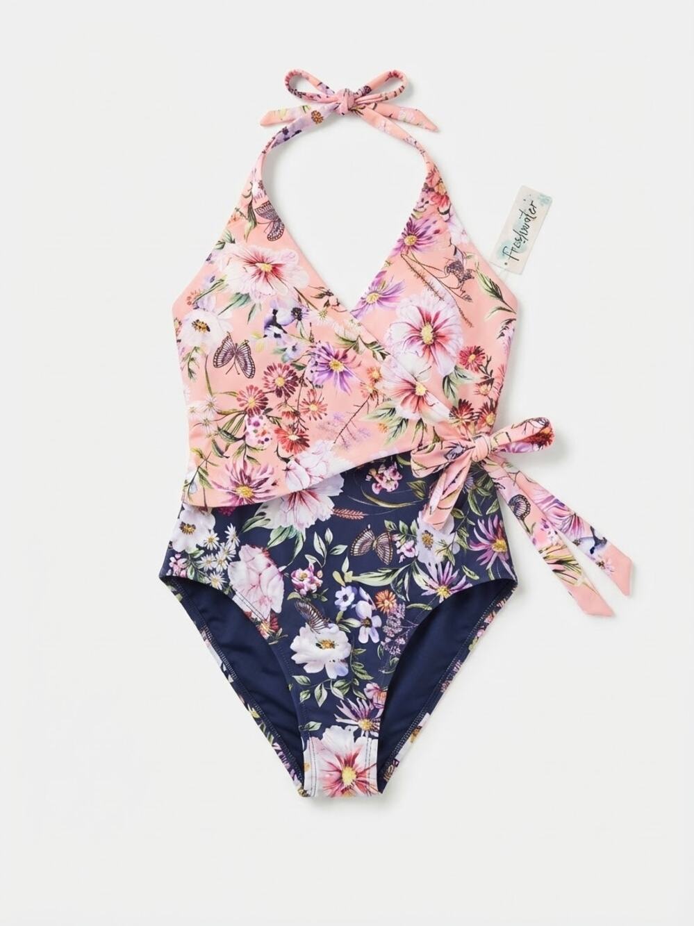 Freshwater Floral Wrap One Piece Swimsuit Women Size M Halter Side Bow New chic